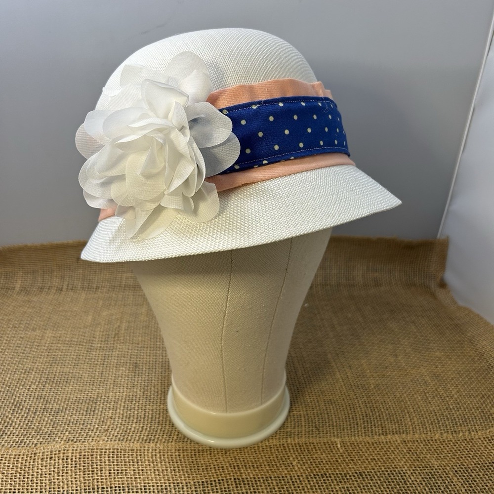 Angela & William White Linen Blend Cloche Hat Flower Polka Dot Ribbon CL2265